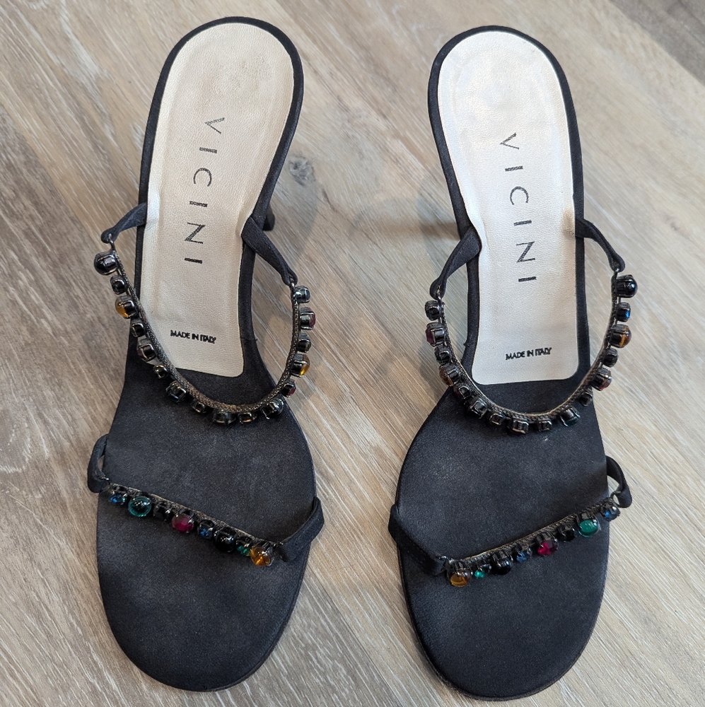 Vicini Size EU 38 (US 8) Black Strappy Sandals with Jewel Rhinestones